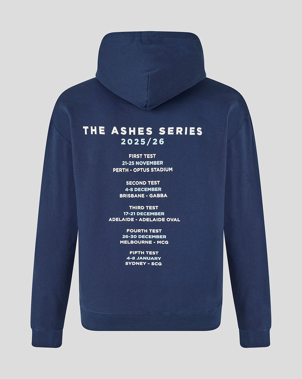 Back view of navy England Ashes Hoodie with white The Ashes Series 2025/26 schedule text