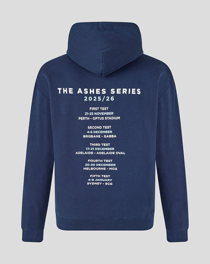 Back view of navy England Ashes Hoodie with white The Ashes Series 2025/26 schedule text