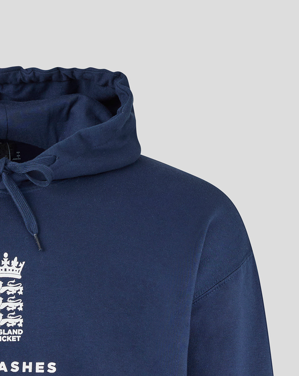 Close up of navy hoodie hood with drawstrings and partial England crest on the chest