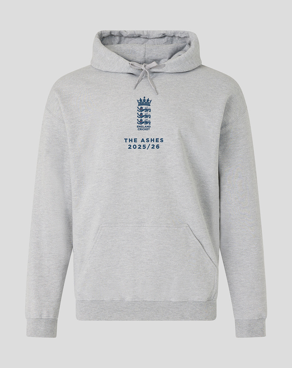 Grey England cricket hoodie with crest and The Ashes 2025/26 text, front pouch pocket and drawstring hood.