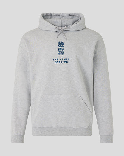 Grey England cricket hoodie with crest and The Ashes 2025/26 text, front pouch pocket and drawstring hood.
