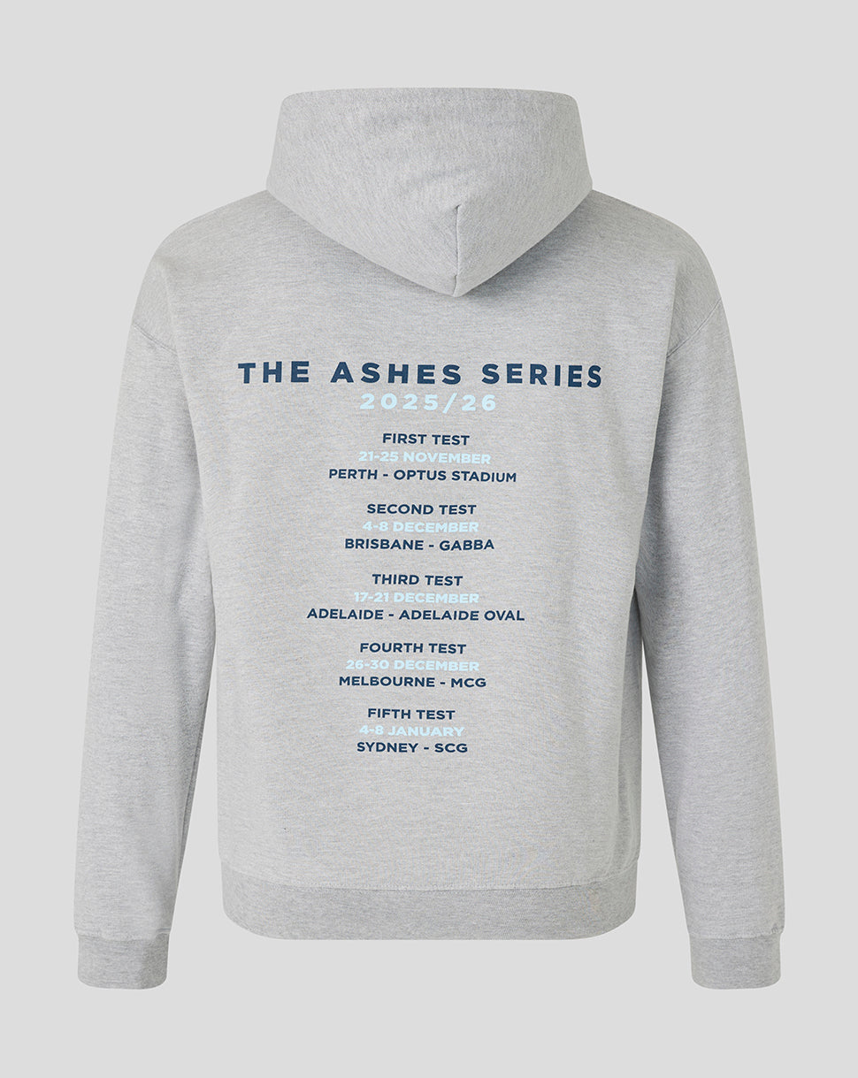 Light gray unisex England cricket hoodie shown from the back with The Ashes Series schedule printed in blue.