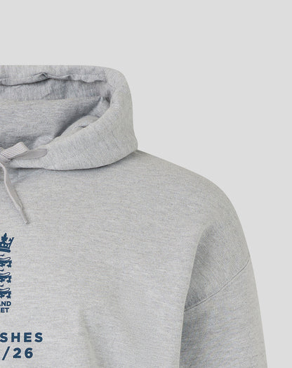 Close-up of light grey England Cricket Ashes Tour hoodie neckline with drawstring