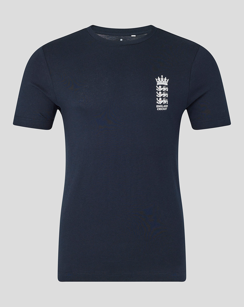 Unisex navy T shirt with England cricket crest on left chest