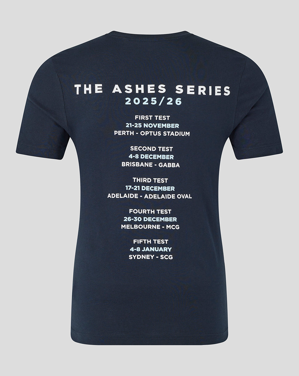 Back view of navy England cricket T shirt with The Ashes Series 2025/26 tour schedule printed on the back