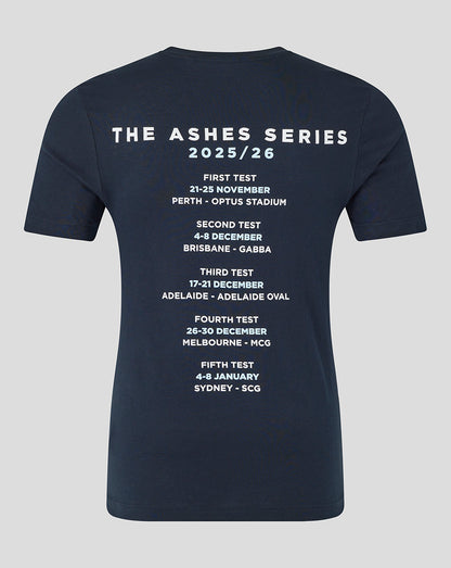 Back view of navy England cricket T shirt with The Ashes Series 2025/26 tour schedule printed on the back