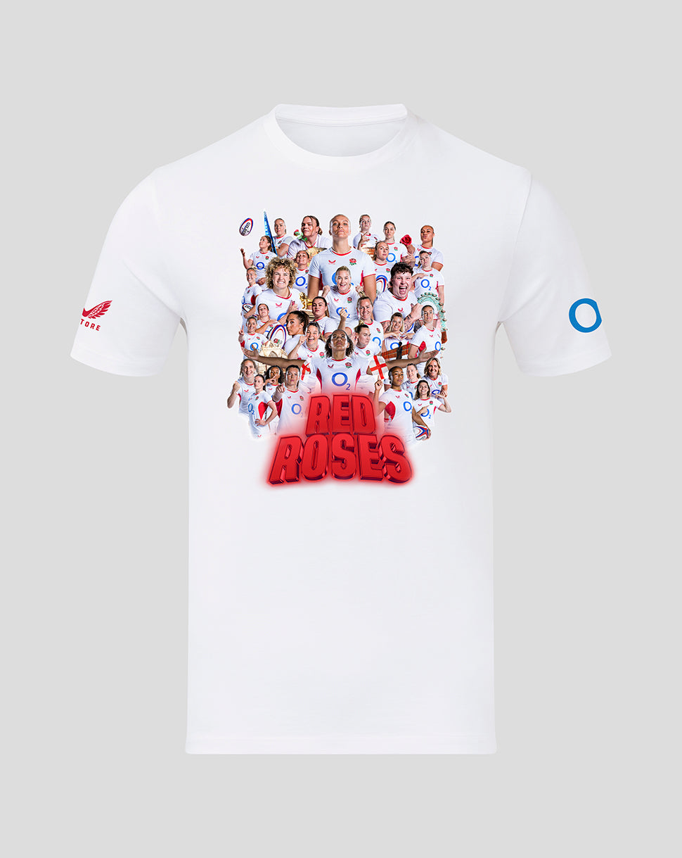 Front view of a white England Rugby Red Roses Junior Winners T shirt with a collage of players and bold RED ROSES text.