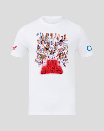 Front view of a white England Rugby Red Roses Junior Winners T shirt with a collage of players and bold RED ROSES text.