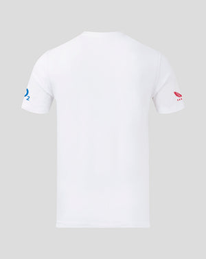 Back view of white England Rugby Red Roses Junior Winners T shirt with sleeve print and visible collar.