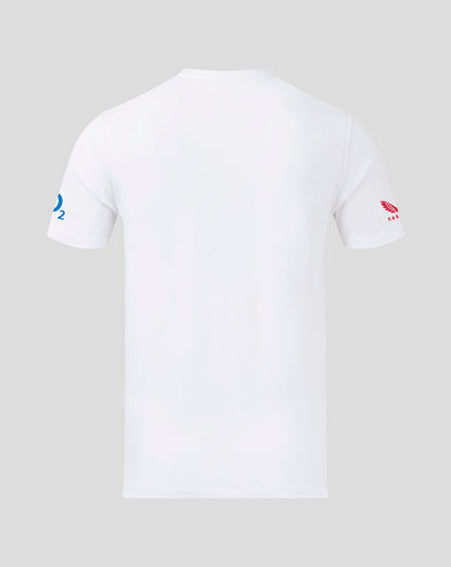 Back view of white England Rugby Red Roses Junior Winners T shirt with sleeve print and visible collar.