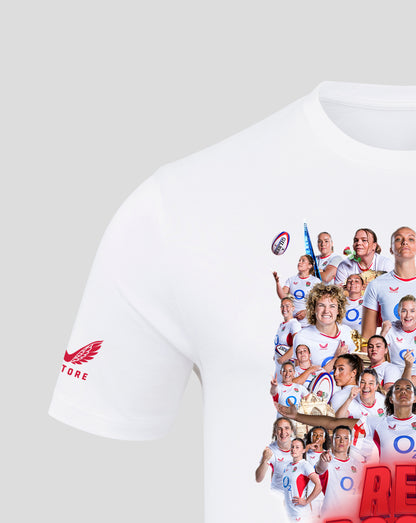 Front view of a white unisex England Rugby Red Roses Winners T shirt with a large collage of players on the chest.