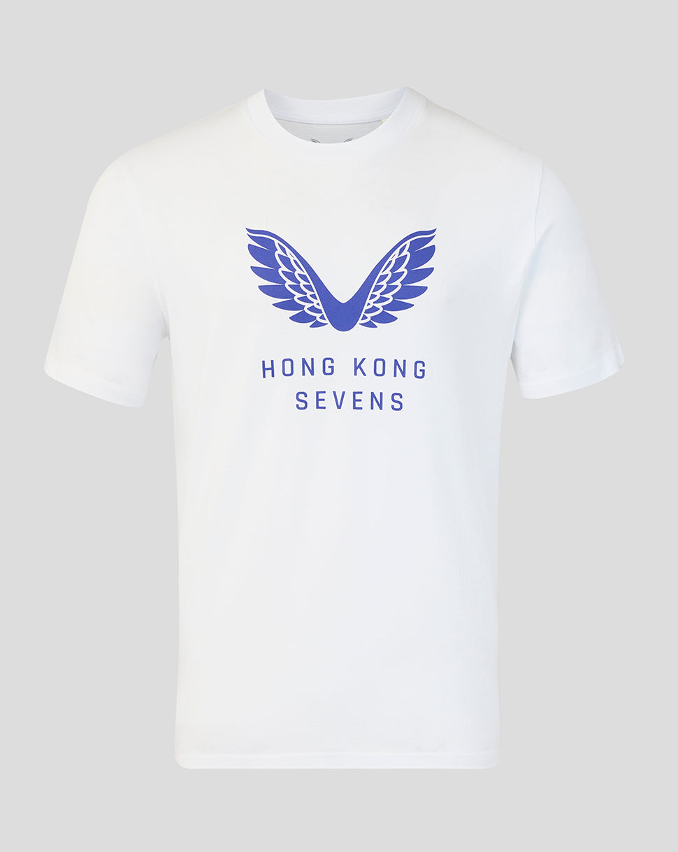 White Hong Kong Sevens T-shirt with bold blue wing crest and HK Sevens text.