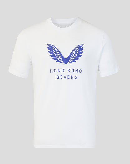 White Hong Kong Sevens T-shirt with bold blue wing crest and HK Sevens text.