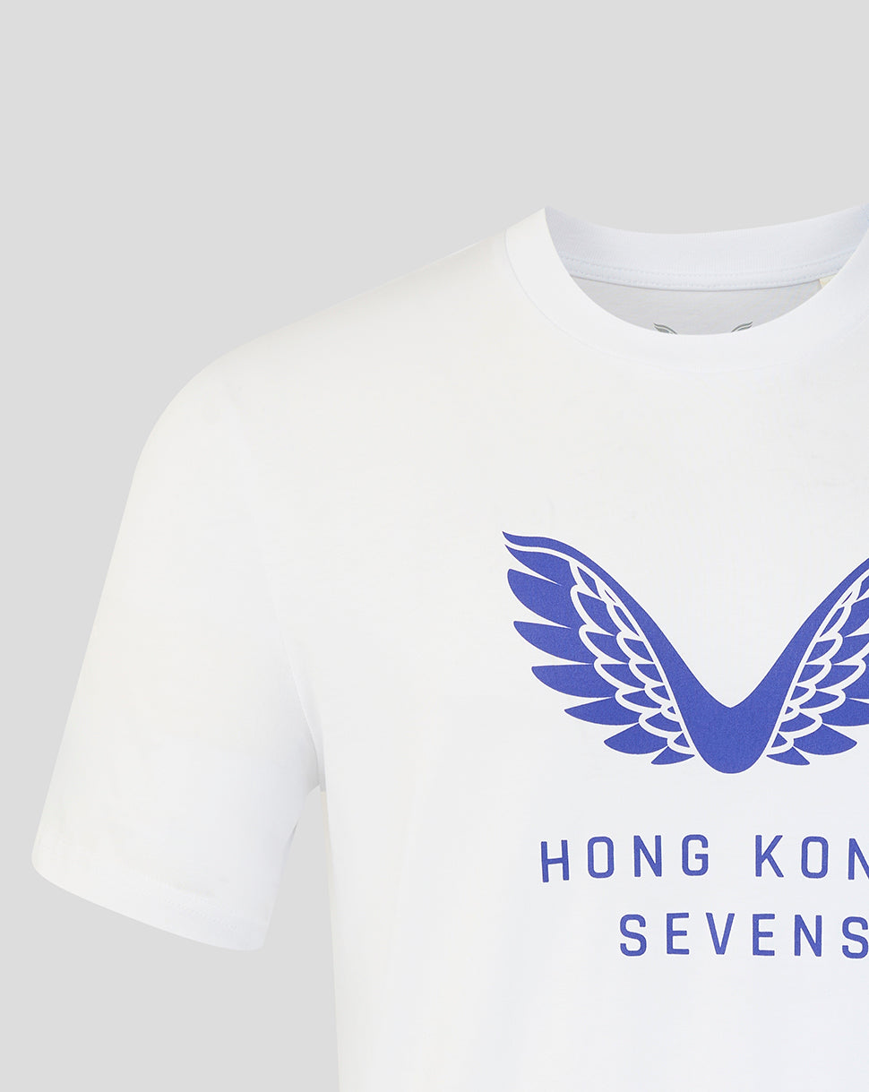 Close up of white T shirt showing blue wing crest and Hong Kong Sevens text across the chest.