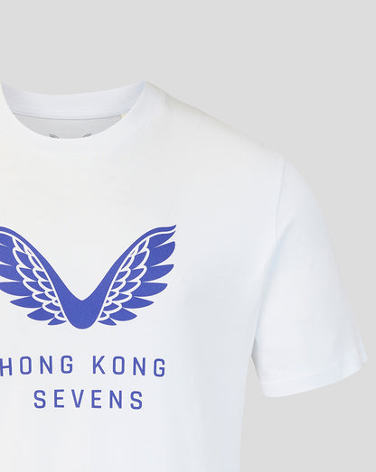 Front view of white T shirt featuring bold blue wing crest and Hong Kong Sevens lettering.
