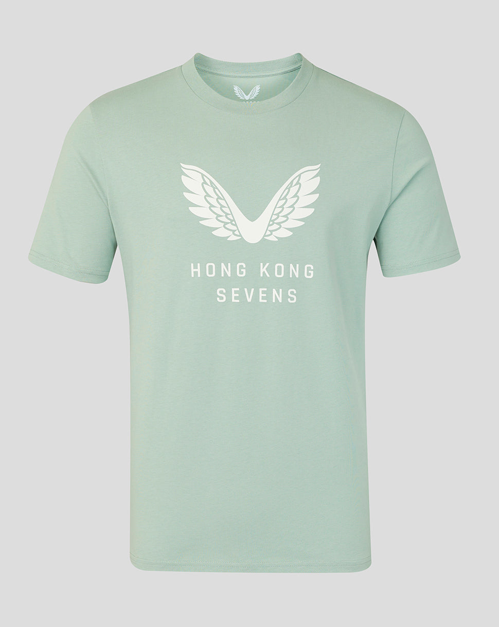 Front view of Aloe green Hong Kong Sevens Big Wings T-Shirt with a white wing graphic.