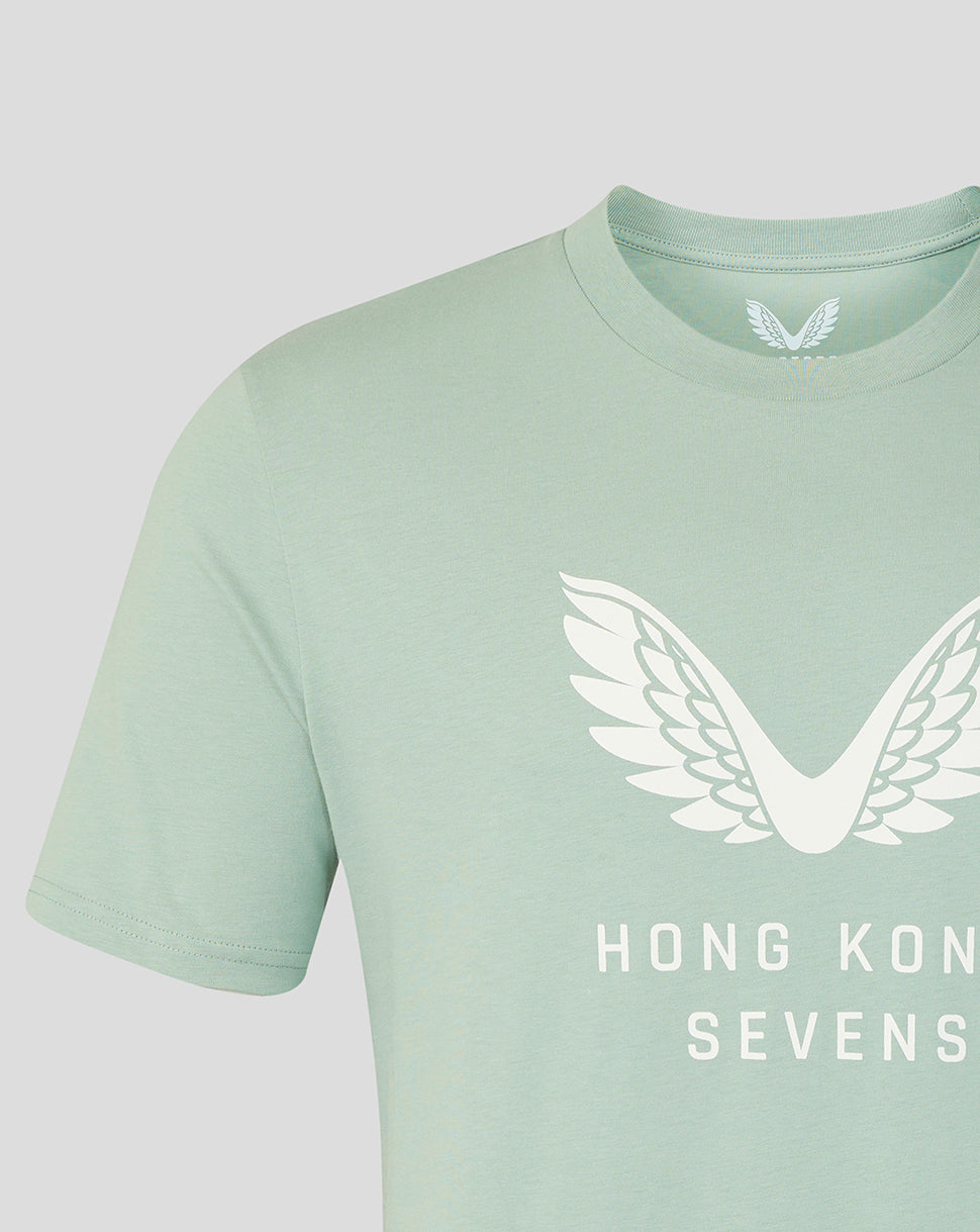 Close up of Aloe green Hong Kong Sevens Big Wings T-Shirt showing the white wing graphic on the chest.