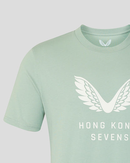 Close up of Aloe green Hong Kong Sevens Big Wings T-Shirt showing the white wing graphic on the chest.