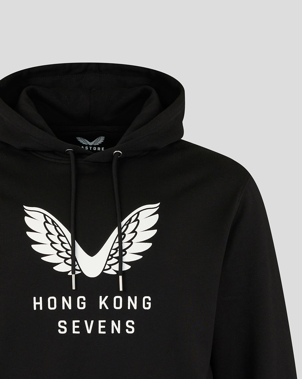 Black hoodie with a large white winged logo and Hong Kong Sevens text on the chest, anniversary edition