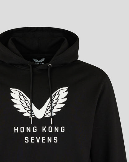 Black hoodie with a large white winged logo and Hong Kong Sevens text on the chest, anniversary edition