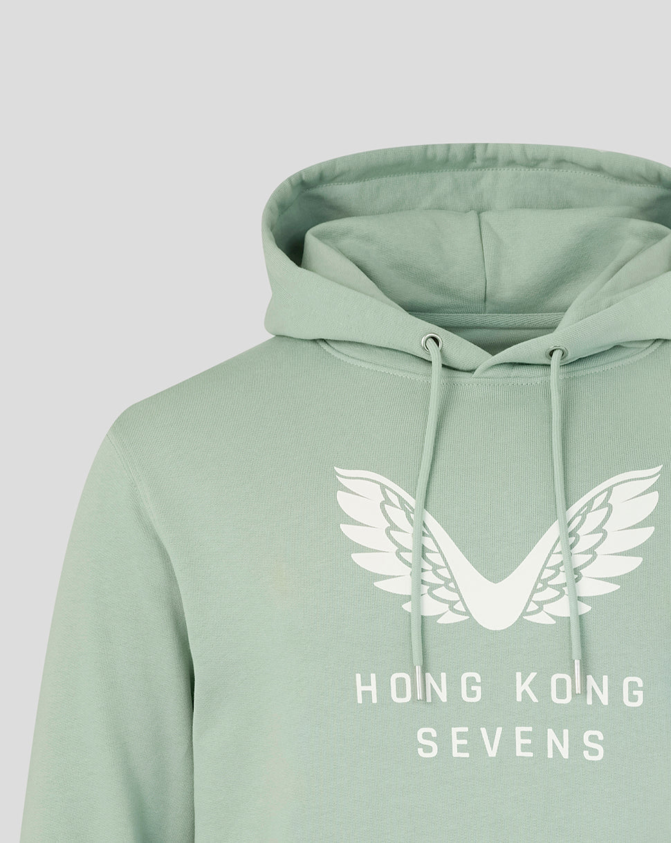 Pastel green unisex HK7s hoodie with white wing crest and Hong Kong Sevens text on chest.