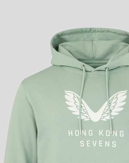 Pastel green unisex HK7s hoodie with white wing crest and Hong Kong Sevens text on chest.