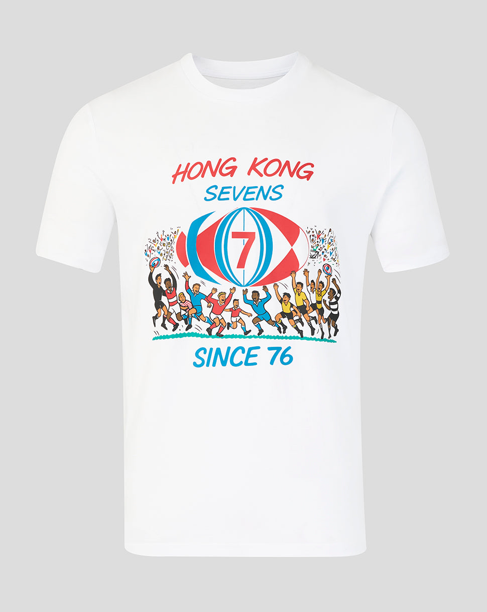 White HK7s retro T shirt with a colorful hand drawn graphic commemorating the 1976 Hong Kong Sevens