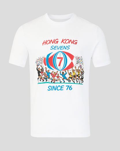 White HK7s retro T shirt with a colorful hand drawn graphic commemorating the 1976 Hong Kong Sevens