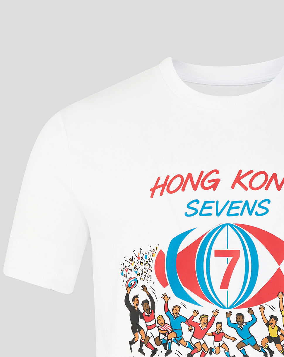 White HK7s retro T shirt with a colorful illustrated rugby crowd and globe motif.