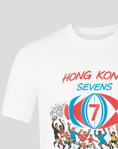White HK7s retro T shirt with a colorful illustrated rugby crowd and globe motif.