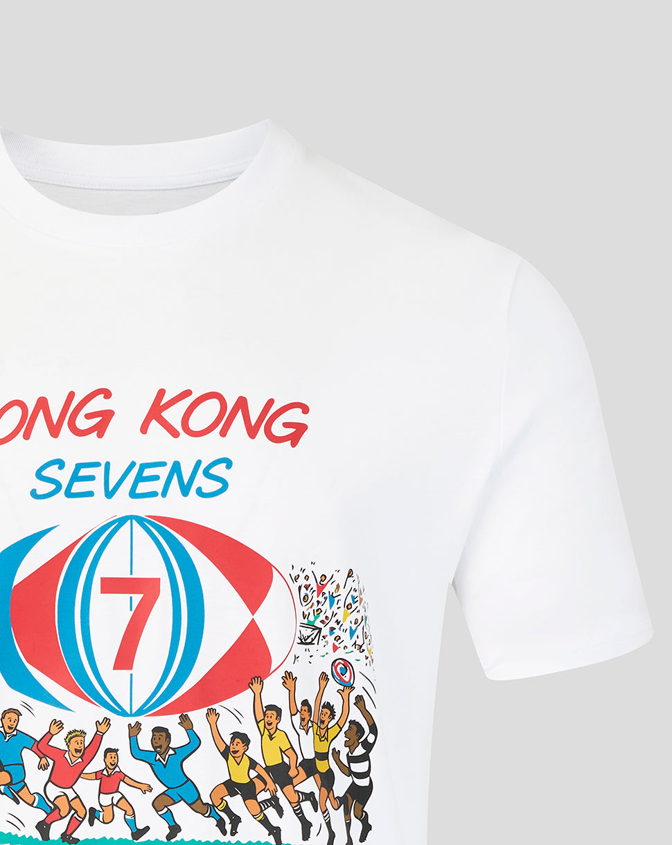 White HK7s retro T shirt showing Hong Kong Sevens text and a globe surrounded by cheering players.