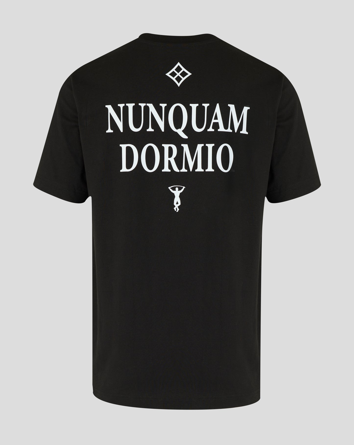 Black Nunquam Dormio T-shirt featuring large white lettering on back and small graphic beneath
