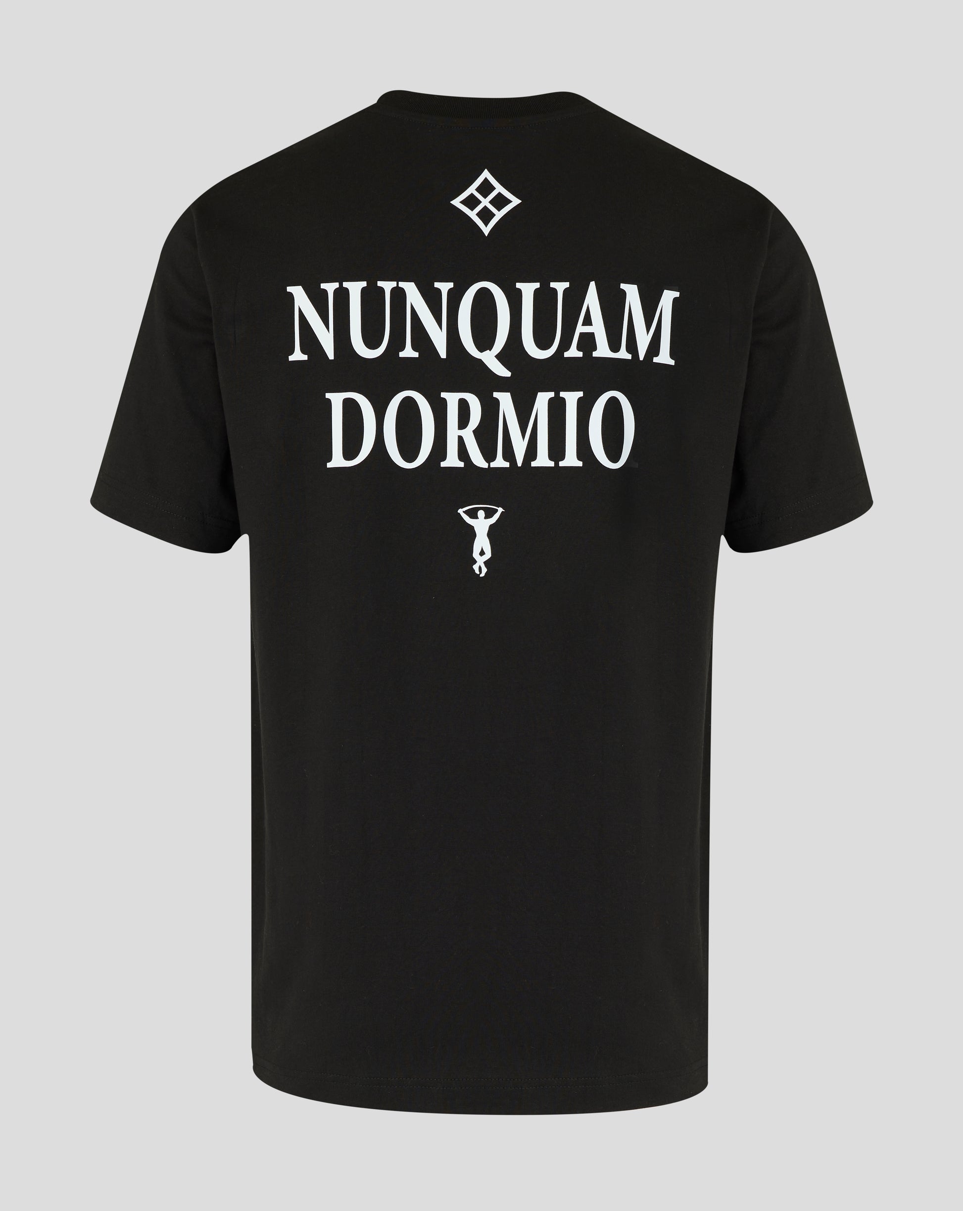 Black Nunquam Dormio T-shirt featuring large white lettering on back and small graphic beneath