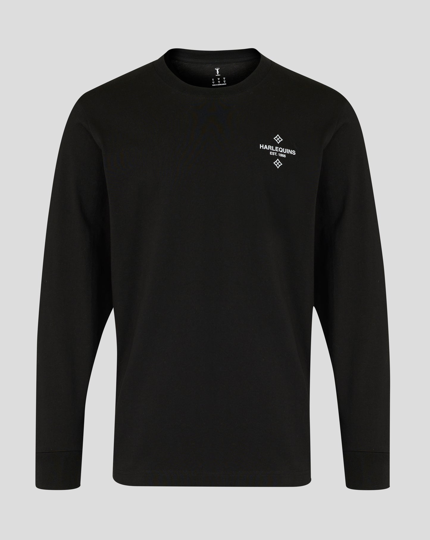 Front view of black Harlequins Nunquam Dormio long sleeve T shirt with a white diamond logo on the left chest.