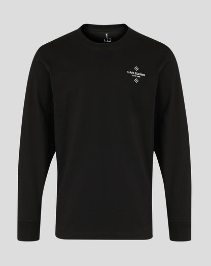 Front view of black Harlequins Nunquam Dormio long sleeve T shirt with a white diamond logo on the left chest.