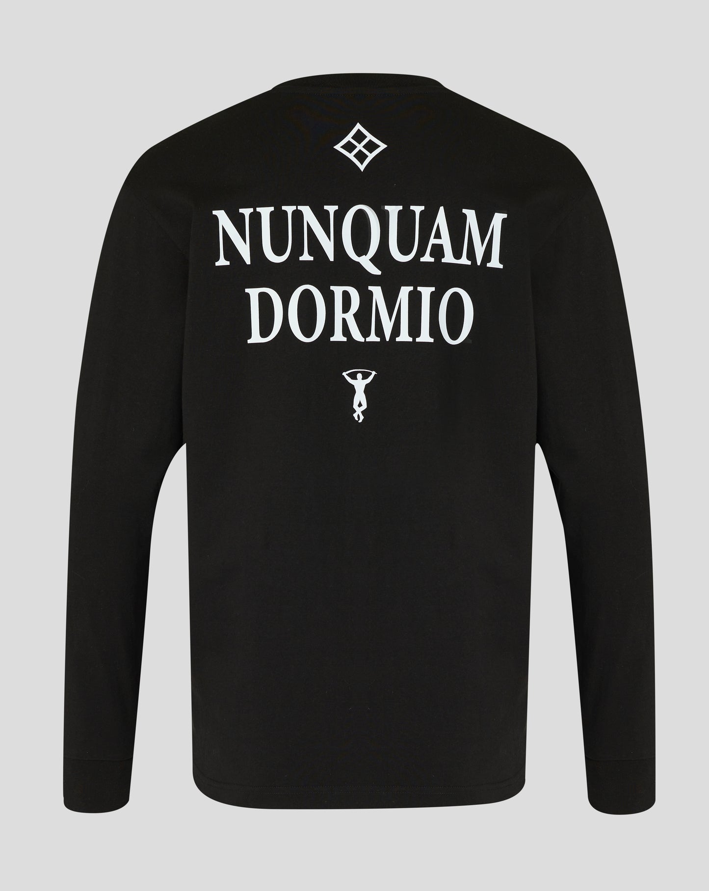 Back view of black Nunquam Dormio long sleeve T shirt with large white NUNQUAM DORMIO text and diamond logos.