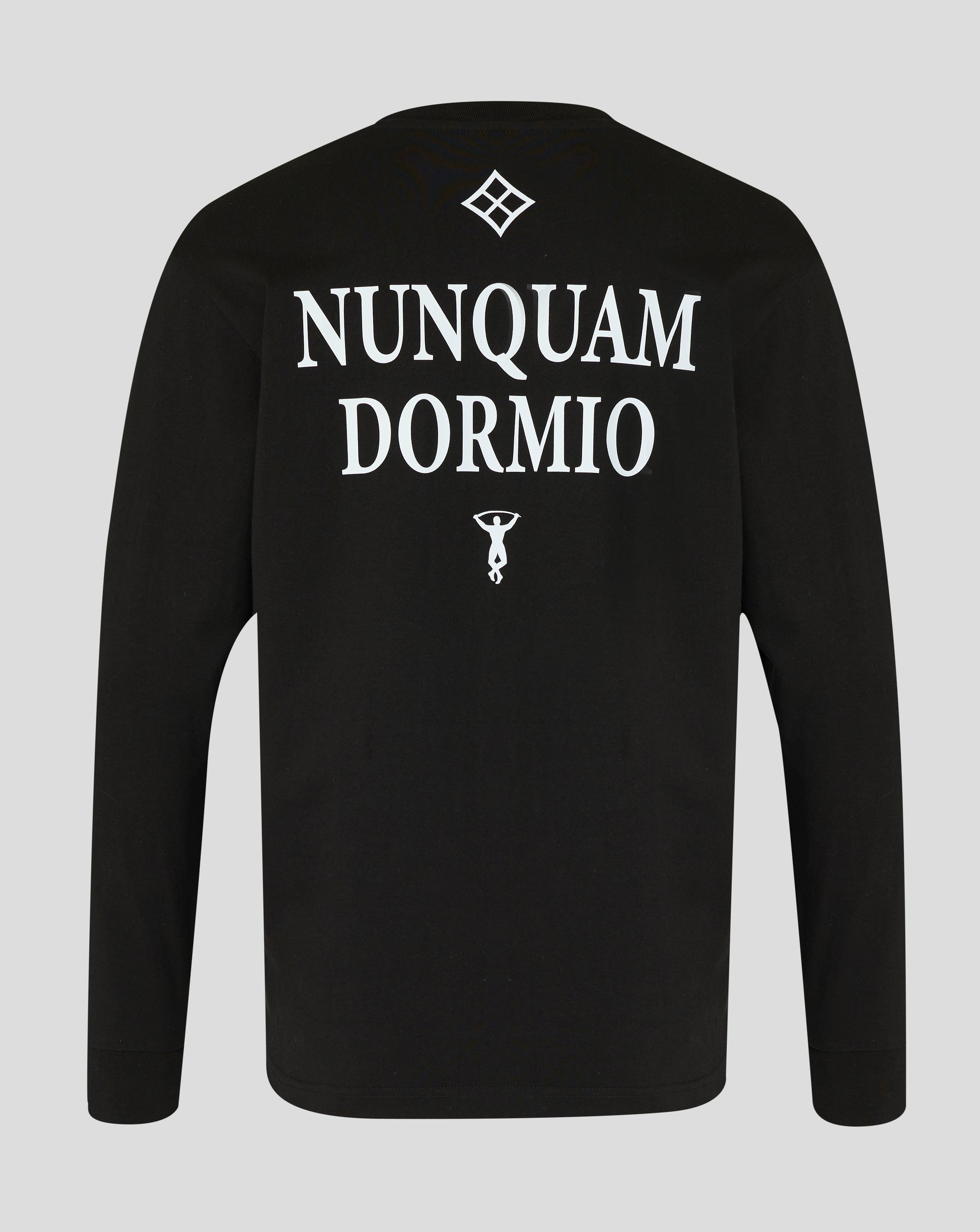 Back view of black Nunquam Dormio long sleeve T shirt with large white NUNQUAM DORMIO text and diamond logos.