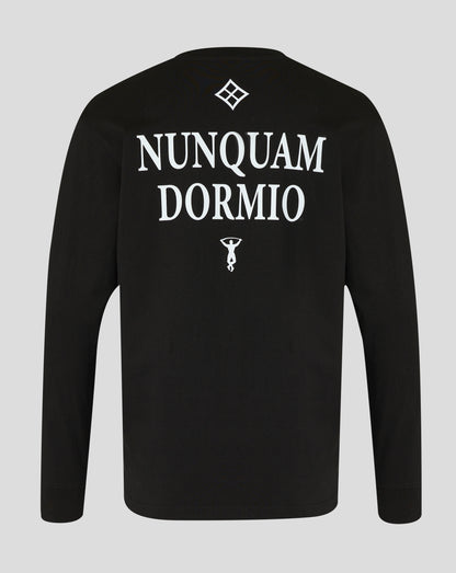 Back view of black Nunquam Dormio long sleeve T shirt with large white NUNQUAM DORMIO text and diamond logos.