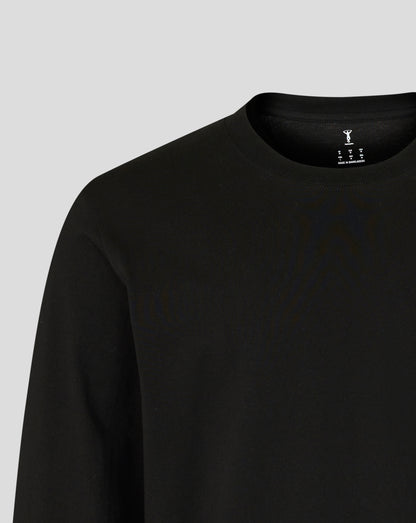 Close up of neckline showing Harlequins logo and size information printed inside the collar on the black long sleeve shirt.