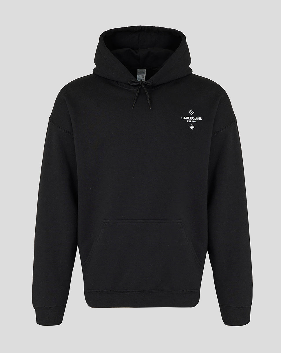 Front view of black Harlequins hoodie with small white Harlequins logo on the chest and a kangaroo pocket