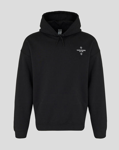 Front view of black Harlequins hoodie with small white Harlequins logo on the chest and a kangaroo pocket