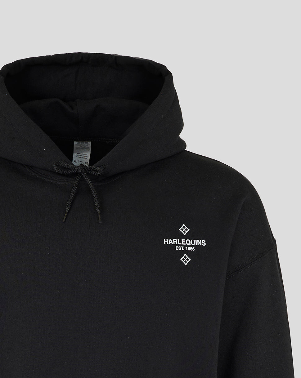Black Harlequins Nunquam Dormio hoodie with a small white chest logo and drawstring hood
