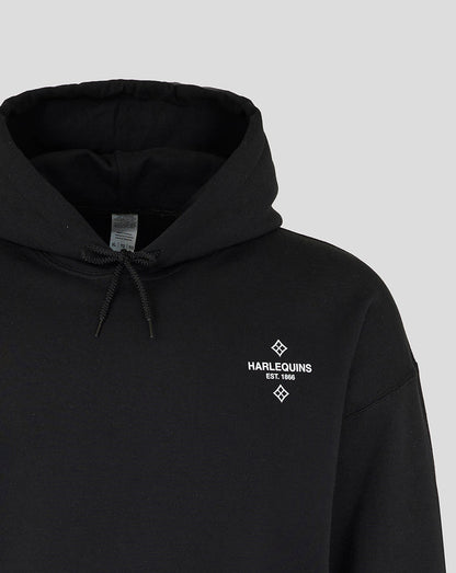Black Harlequins Nunquam Dormio hoodie with a small white chest logo and drawstring hood