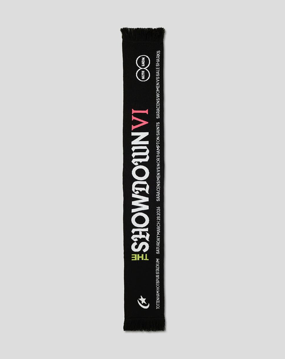 Black scarf with white text on a gray background