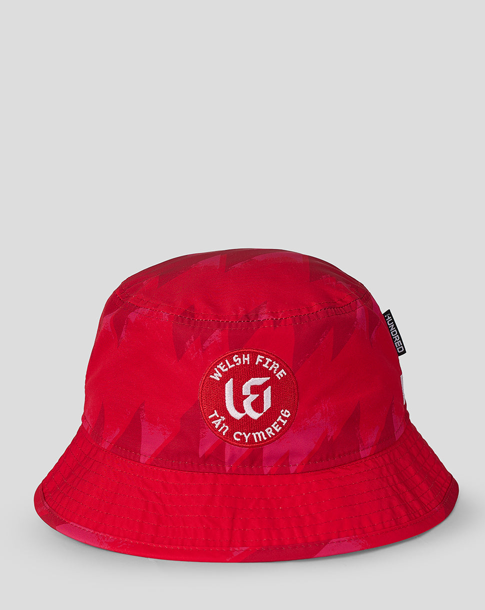 Red all over print bucket hat with Welsh Fire crest patch on the front and lightweight fit