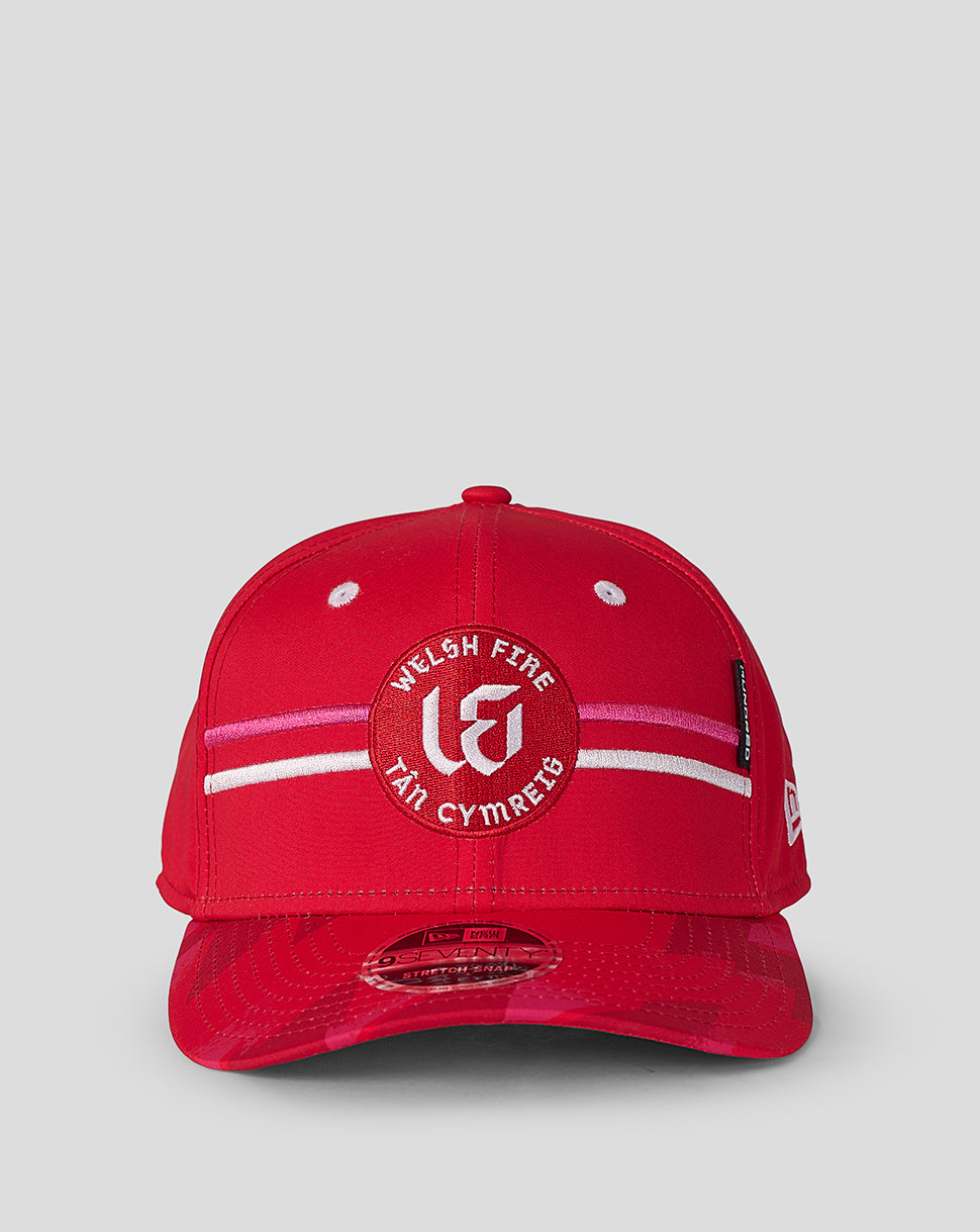Welsh Fire red New Era 9Seventy cap with circular embroidered crest and pink and white front stripes