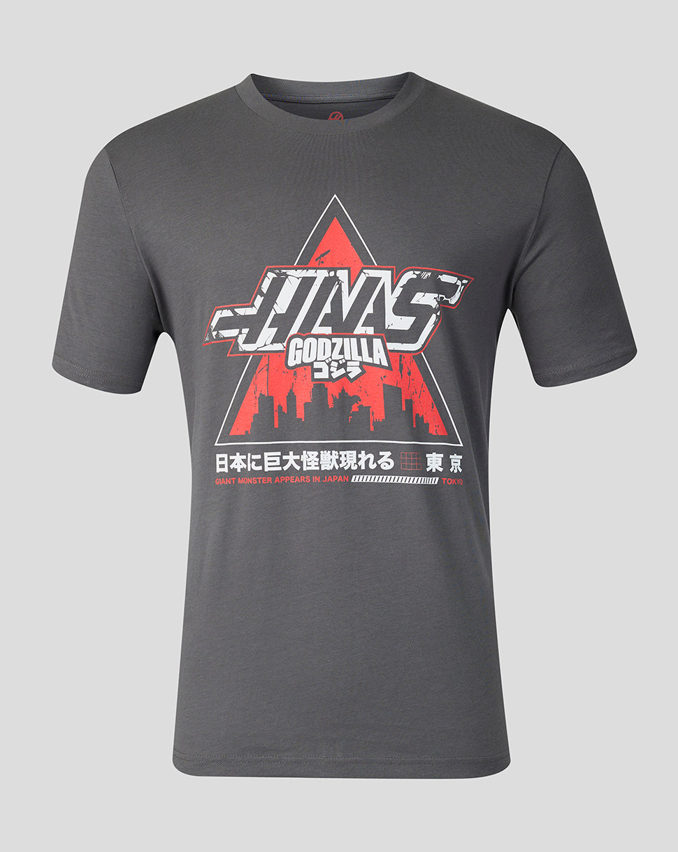 Unisex Godzilla Comic X Haas T-Shirt in black with bold graphic of Godzilla over a red triangle and city skyline.