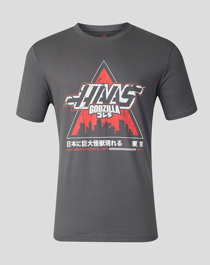 Unisex Godzilla Comic X Haas T-Shirt in black with bold graphic of Godzilla over a red triangle and city skyline.