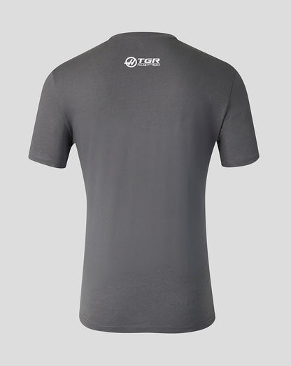 Back view of the gray Godzilla Haas T-Shirt with a small white TGR HAAS TEAM logo at the neckline.