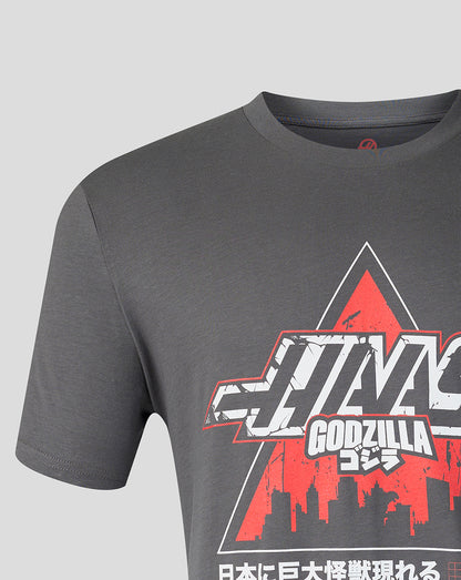 Gray unisex Godzilla Comic X Haas tee with bold white and red logo and city skyline graphic.